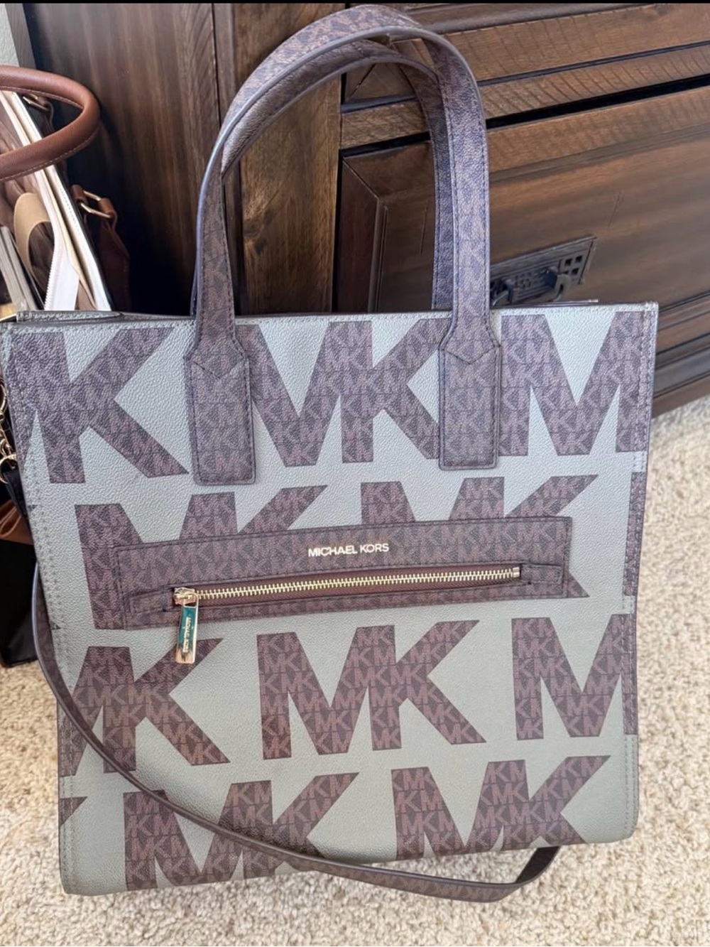 Michael Kors Large MK Logo Tote in Gray and Brown